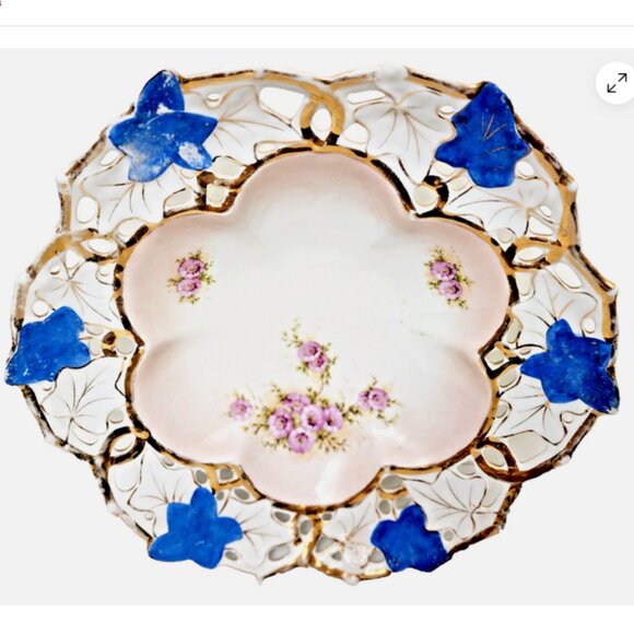 Antique 3578 Hand Painted Pierced Porcelain Bowl w/Gold Leaf Detail Decor Dish - Picture 4 of 7